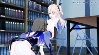 Lisa fucking Fischl in library with strapon. Lesbian Hentai.
